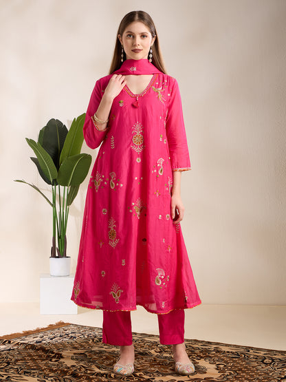 Festive Paisley Embroidered A-Line Kurta with Pant & Dupatta - Pink
