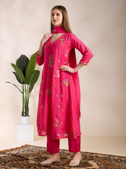 Festive Paisley Embroidered A-Line Kurta with Pant & Dupatta - Pink