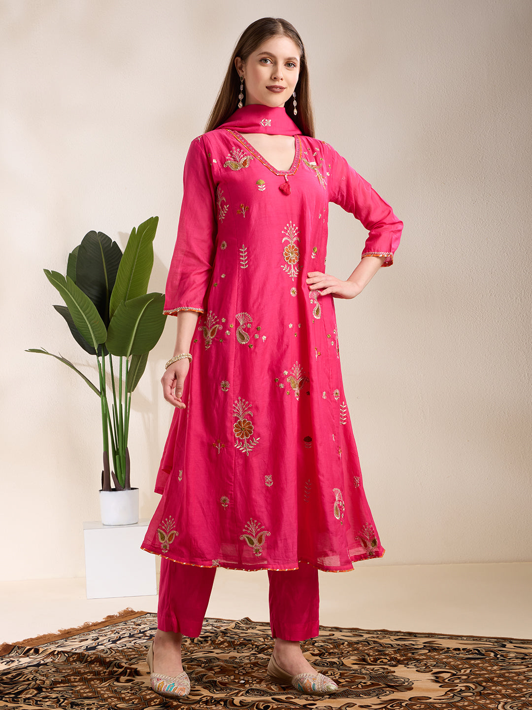 Festive Paisley Embroidered A-Line Kurta with Pant & Dupatta - Pink