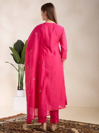 Festive Paisley Embroidered A-Line Kurta with Pant & Dupatta - Pink