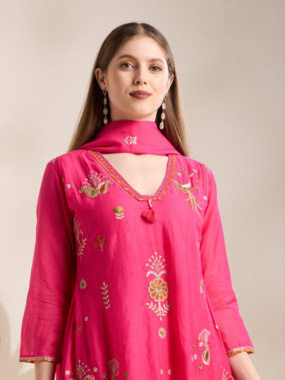 Festive Paisley Embroidered A-Line Kurta with Pant & Dupatta - Pink