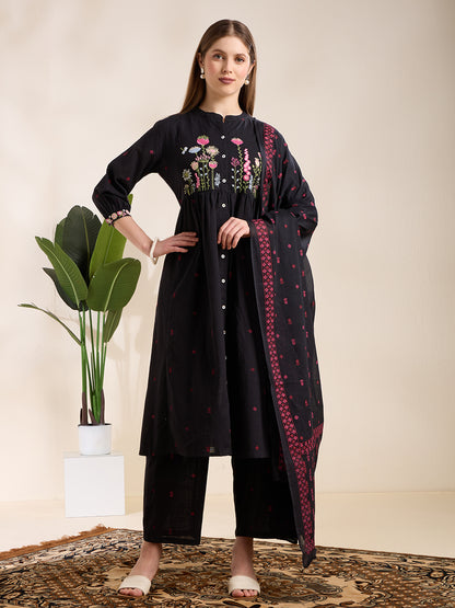 Solid Floral Embroidered A-Line Pleated Kurta with Palazzo & Dupatta - Black