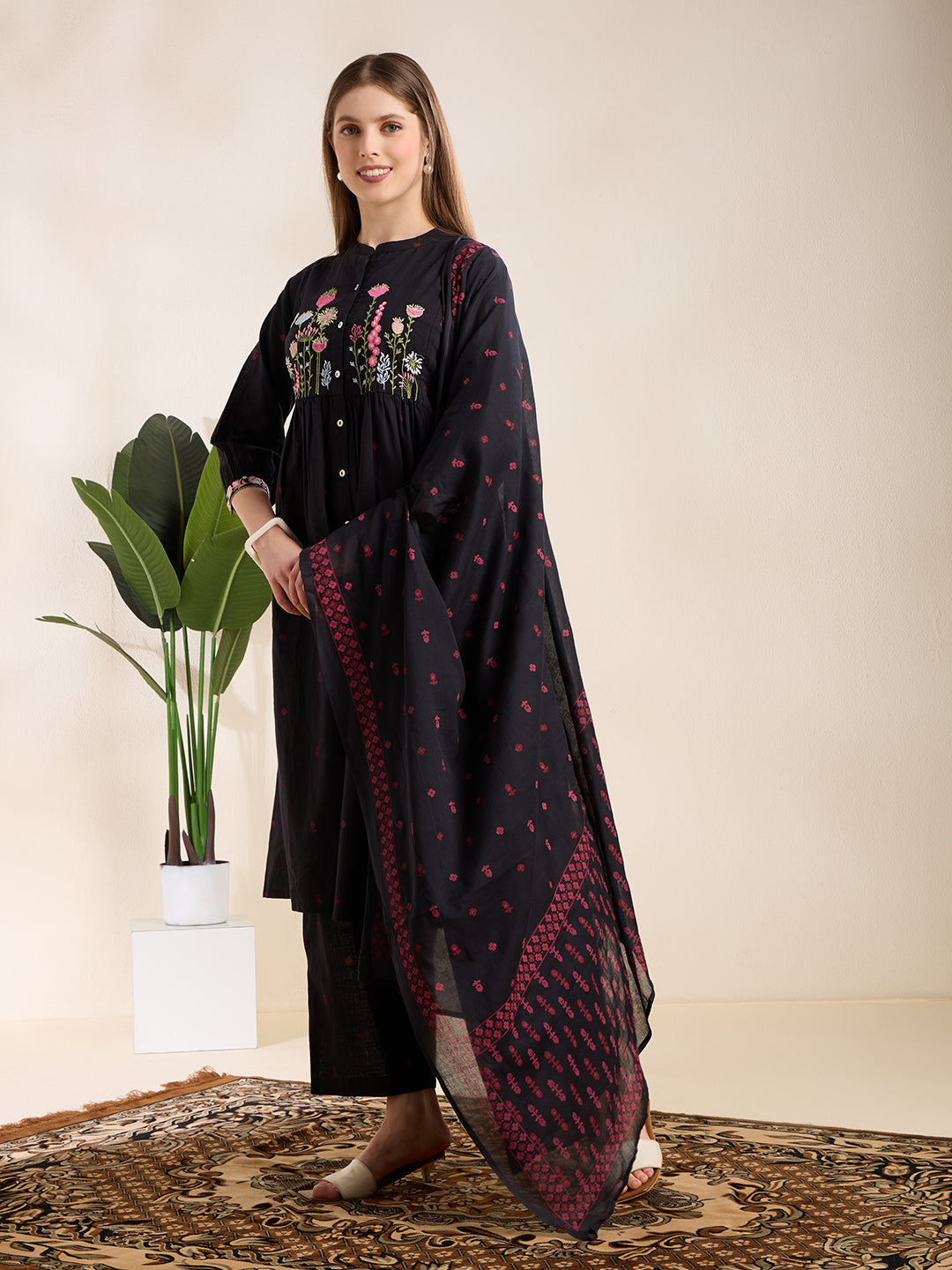 Solid Floral Embroidered A-Line Pleated Kurta with Palazzo & Dupatta - Black