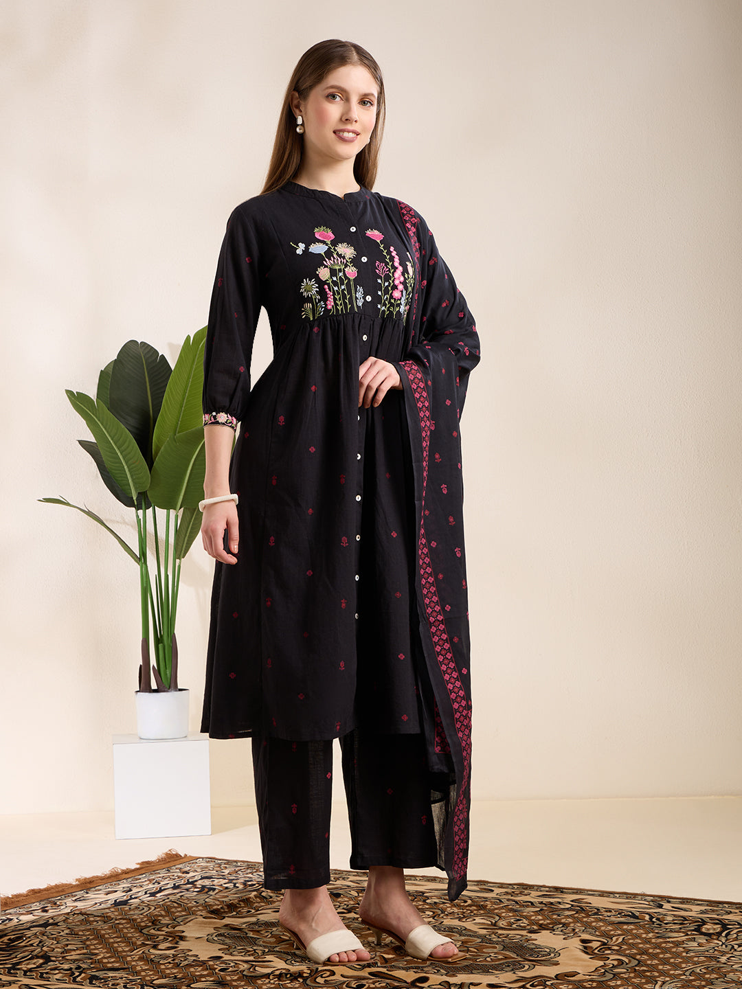 Solid Floral Embroidered A-Line Pleated Kurta with Palazzo & Dupatta - Black