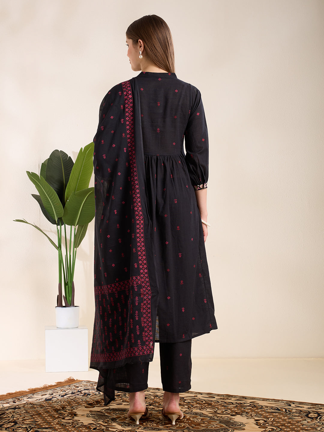 Solid Floral Embroidered A-Line Pleated Kurta with Palazzo & Dupatta - Black