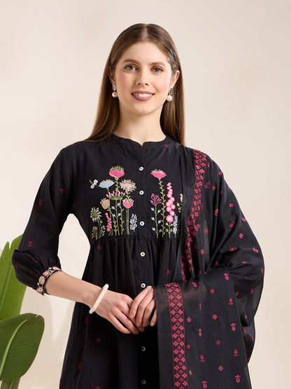 Solid Floral Embroidered A-Line Pleated Kurta with Palazzo & Dupatta - Black