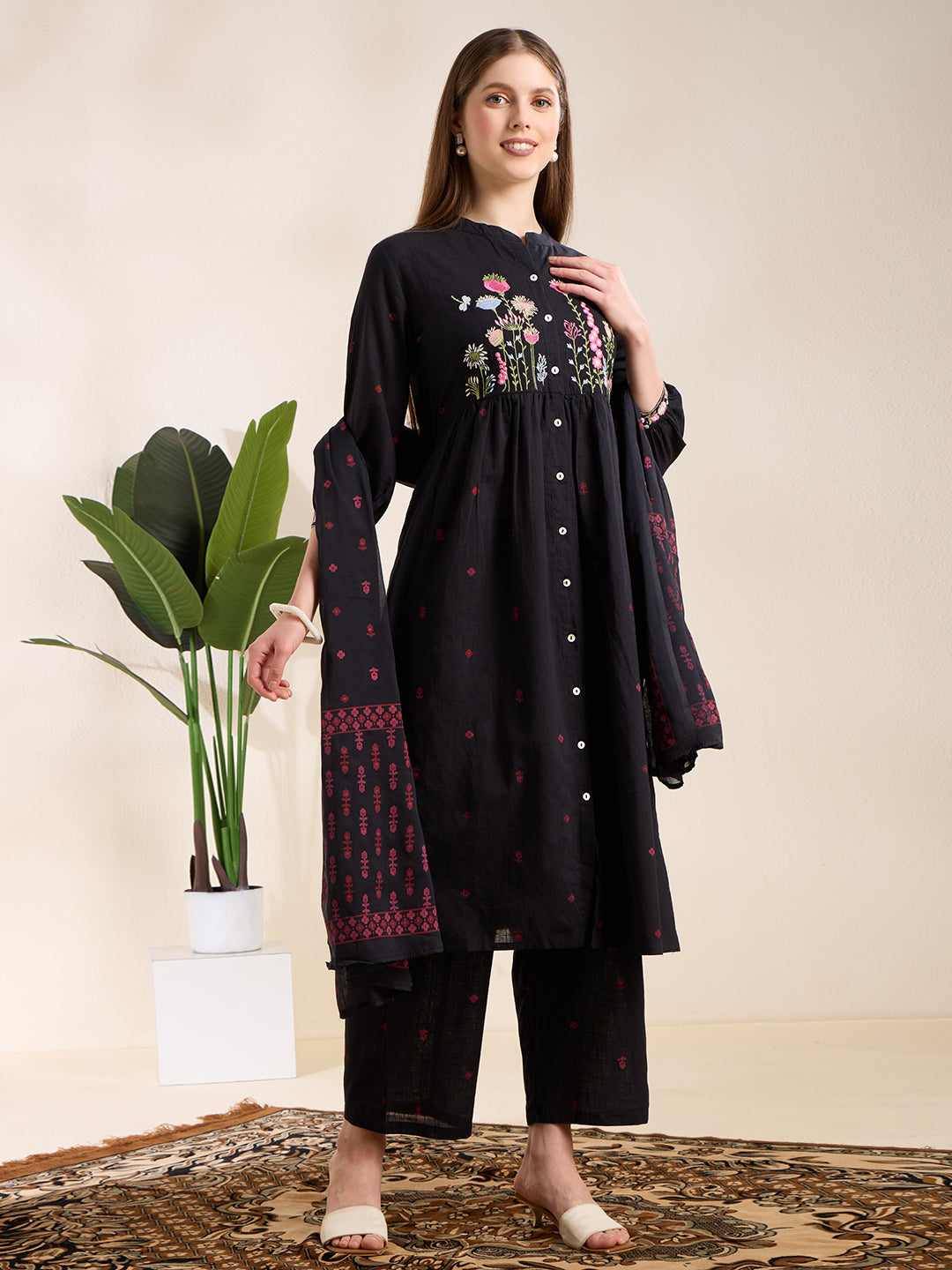 Solid Floral Embroidered A-Line Pleated Kurta with Palazzo & Dupatta - Black