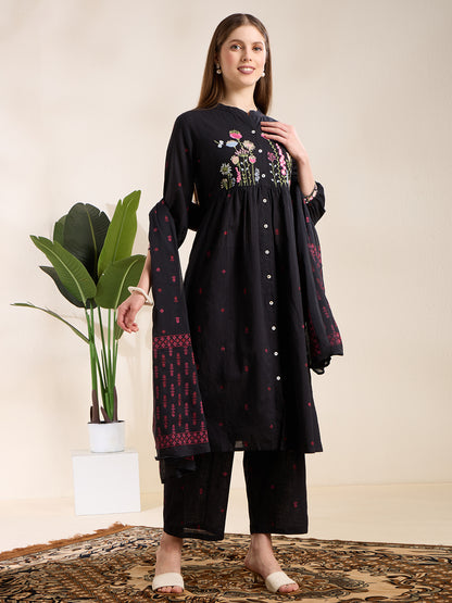 Solid Floral Embroidered A-Line Pleated Kurta with Palazzo & Dupatta - Black