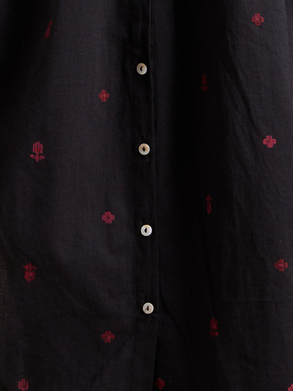 Solid Floral Embroidered A-Line Pleated Kurta with Palazzo & Dupatta - Black