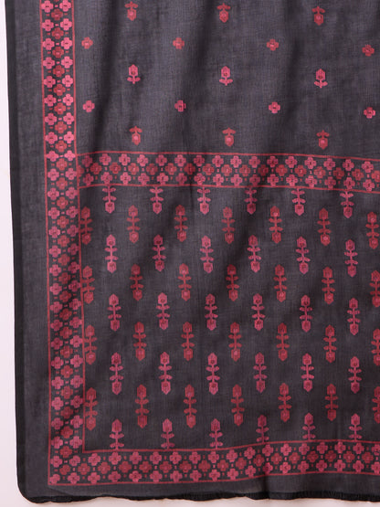 Solid Floral Embroidered A-Line Pleated Kurta with Palazzo & Dupatta - Black