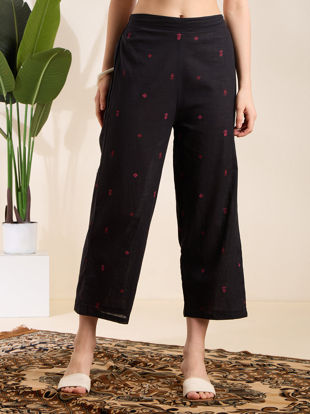 Solid Floral Embroidered A-Line Pleated Kurta with Palazzo & Dupatta - Black