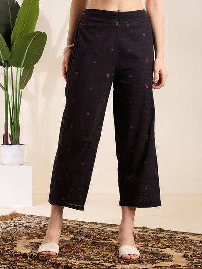 Solid Floral Embroidered A-Line Pleated Kurta with Palazzo & Dupatta - Black