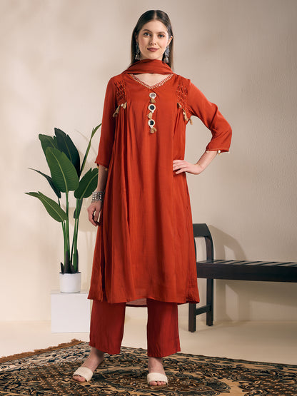 Solid Mirror Work A-Line Kurta with Palazzo with Winkled Dupatta - Rust