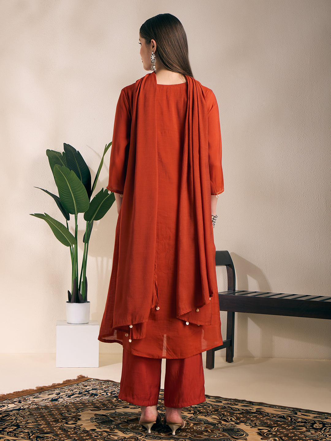 Solid Mirror Work A-Line Kurta with Palazzo with Winkled Dupatta - Rust