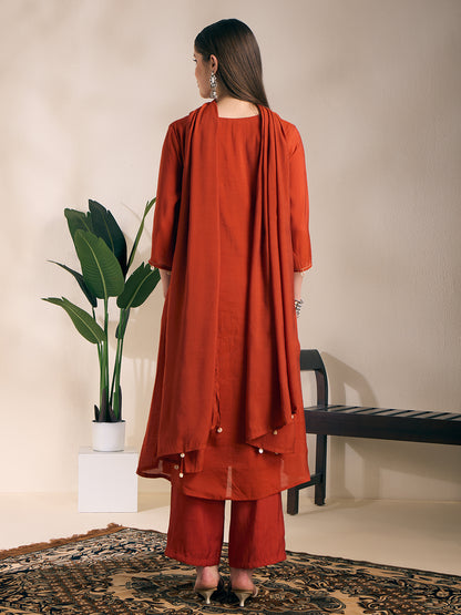 Solid Mirror Work A-Line Kurta with Palazzo with Winkled Dupatta - Rust