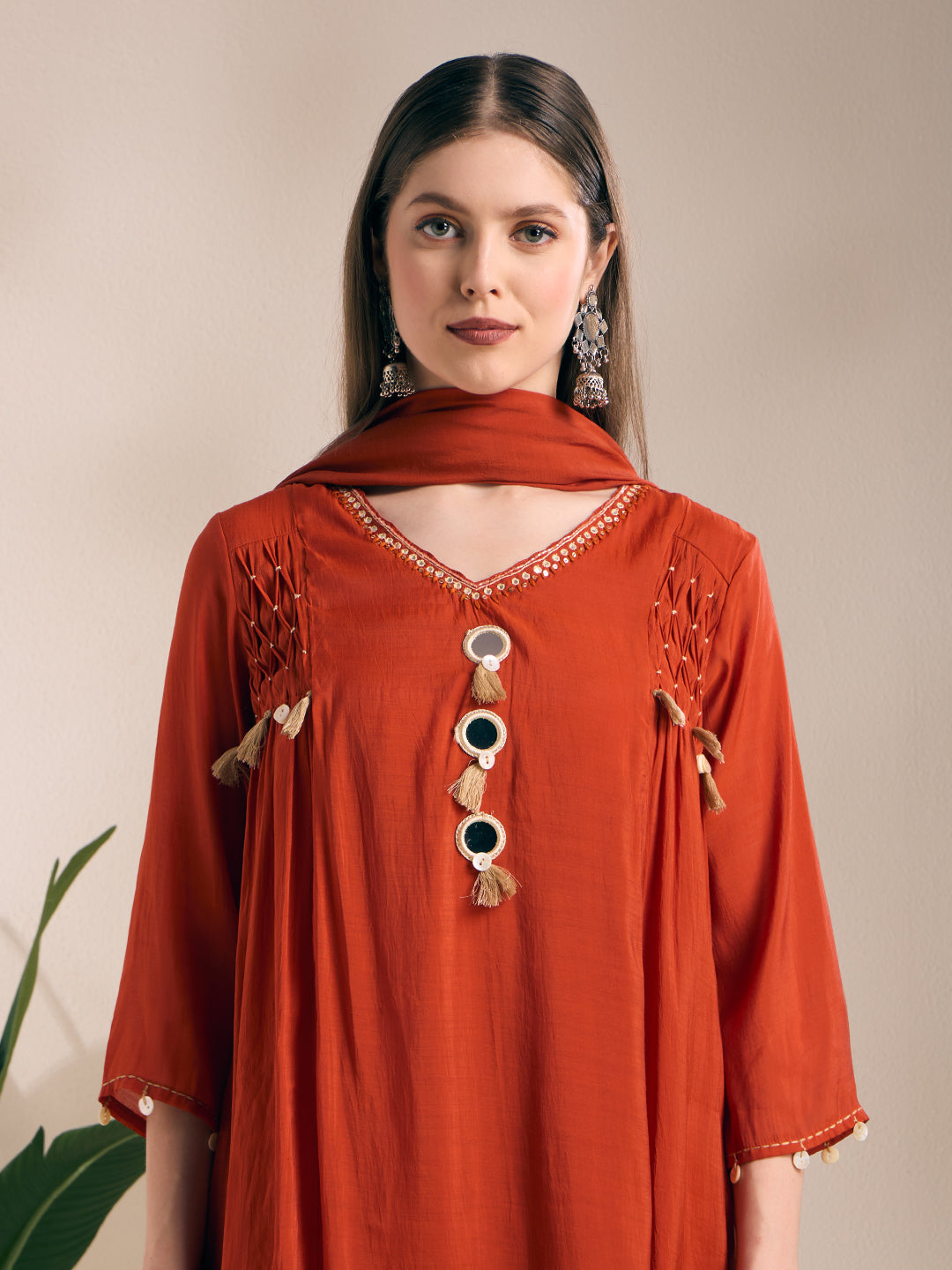 Solid Mirror Work A-Line Kurta with Palazzo with Winkled Dupatta - Rust