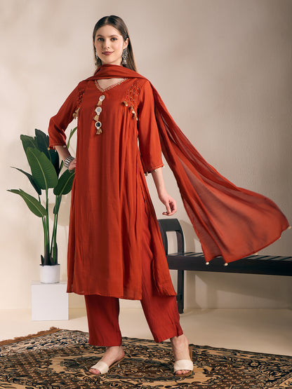 Solid Mirror Work A-Line Kurta with Palazzo with Winkled Dupatta - Rust