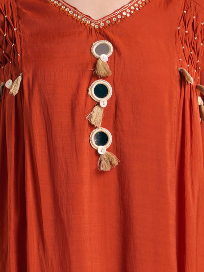 Solid Mirror Work A-Line Kurta with Palazzo with Winkled Dupatta - Rust