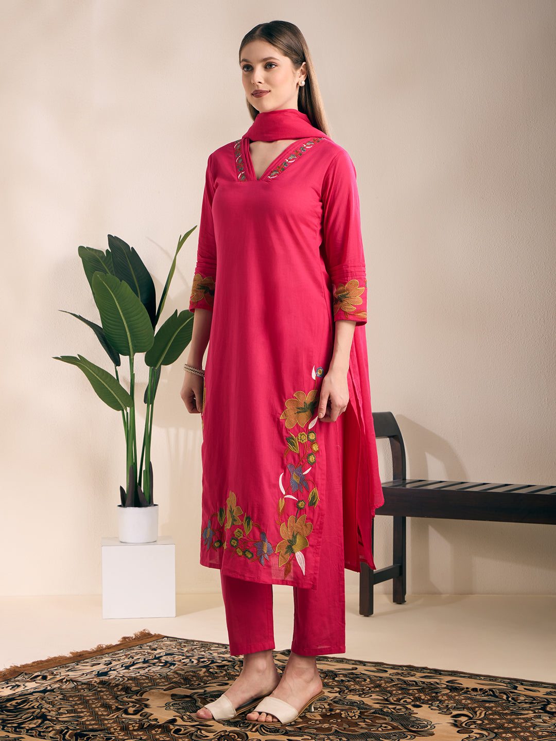 Solid Floral Embroidered Straight Kurta with Pant & Dupatta - Pink