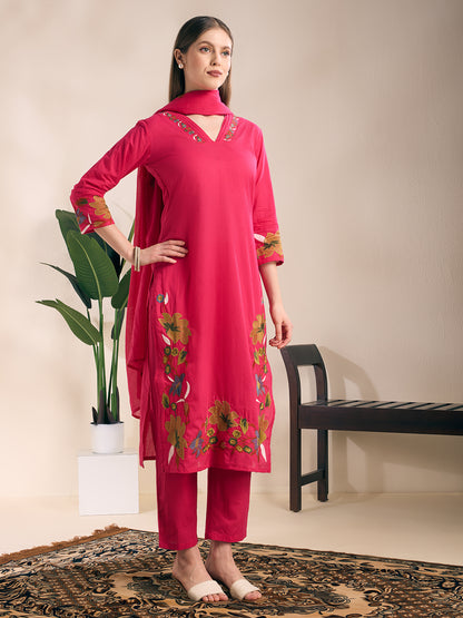 Solid Floral Embroidered Straight Kurta with Pant & Dupatta - Pink
