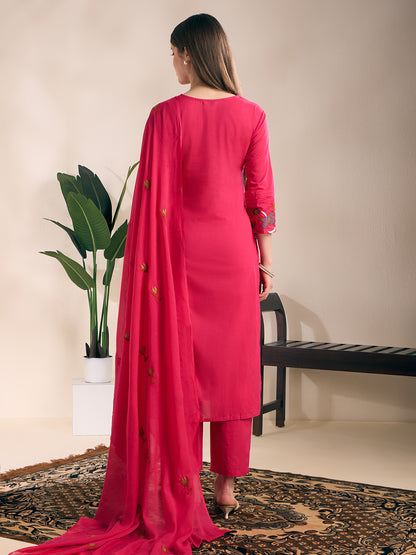 Solid Floral Embroidered Straight Kurta with Pant & Dupatta - Pink