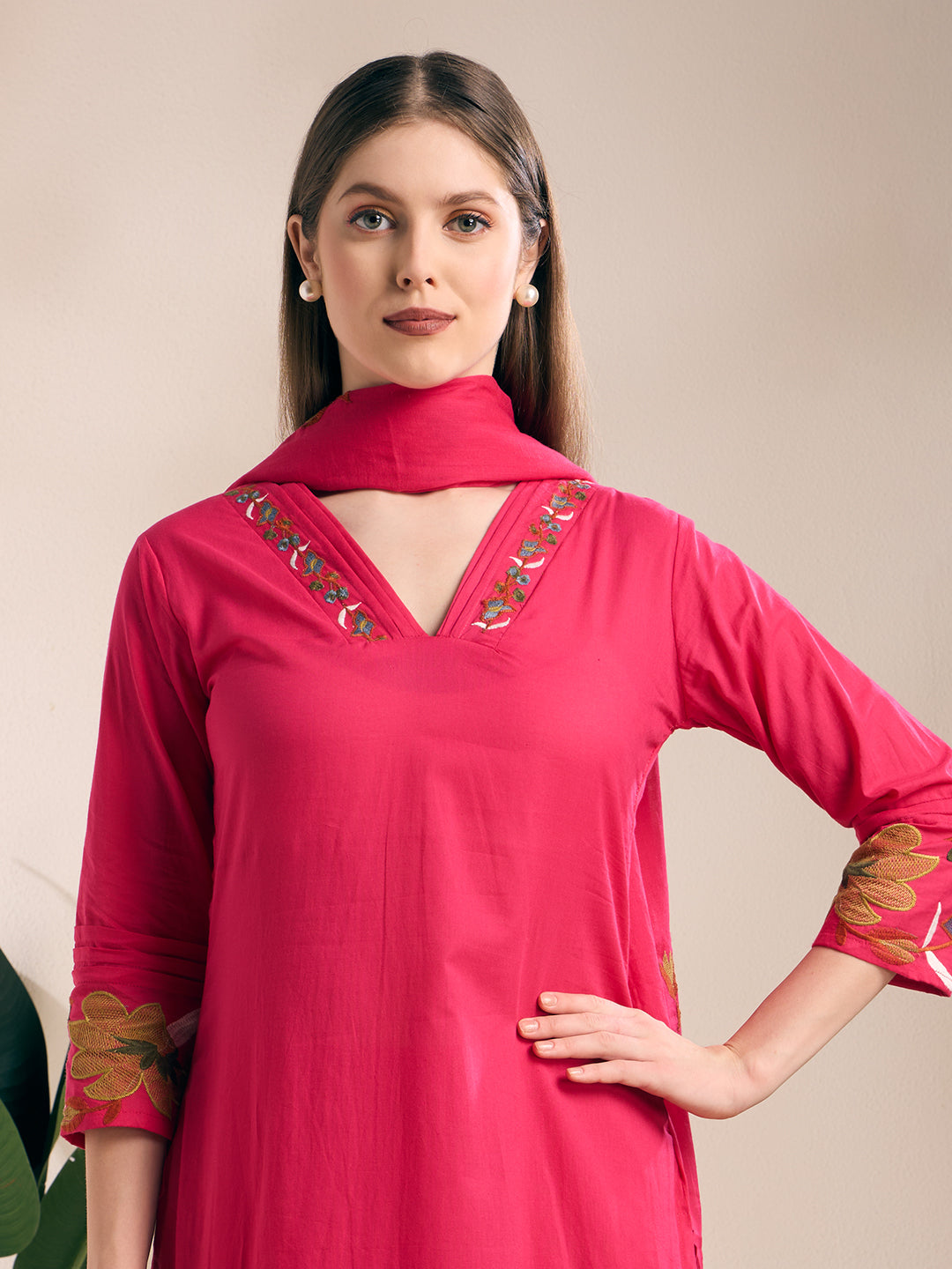 Solid Floral Embroidered Straight Kurta with Pant & Dupatta - Pink