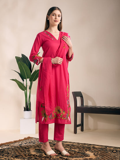 Solid Floral Embroidered Straight Kurta with Pant & Dupatta - Pink