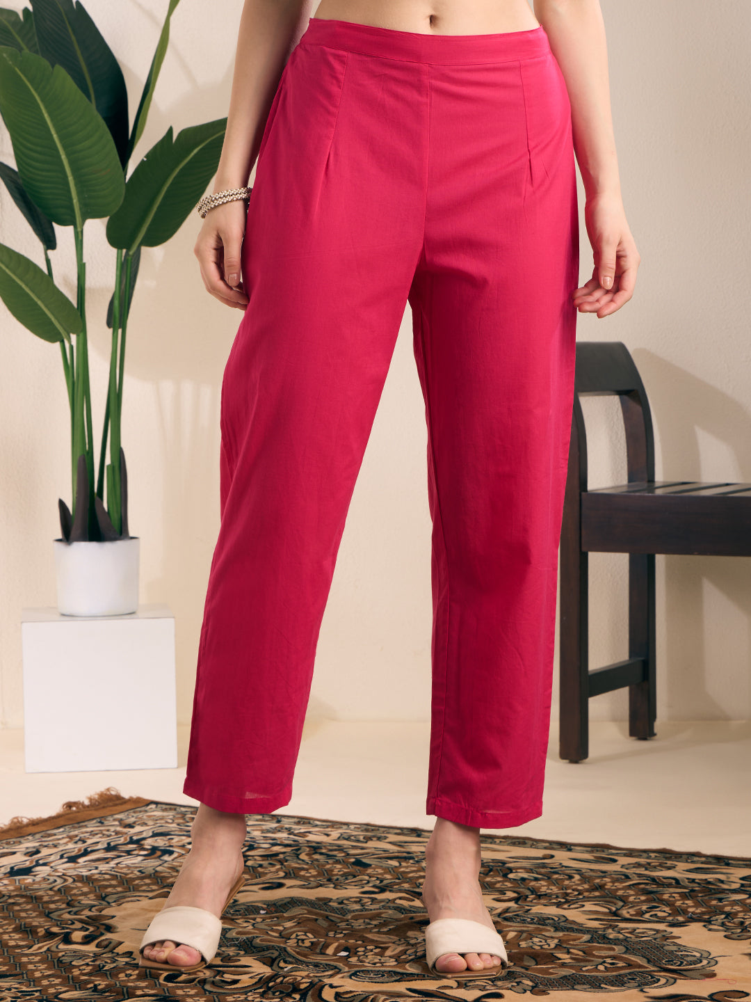 Solid Floral Embroidered Straight Kurta with Pant & Dupatta - Pink