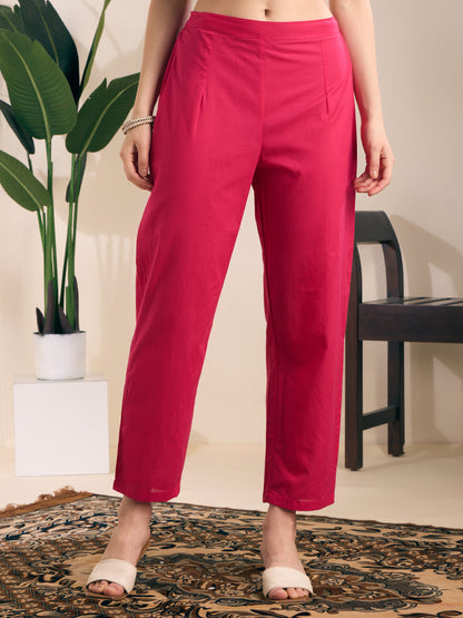 Solid Floral Embroidered Straight Kurta with Pant & Dupatta - Pink