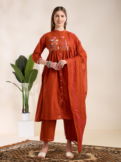 Solid Floral Embroidered A-Line Pleated Kurta with Palazzo & Dupatta - Rust