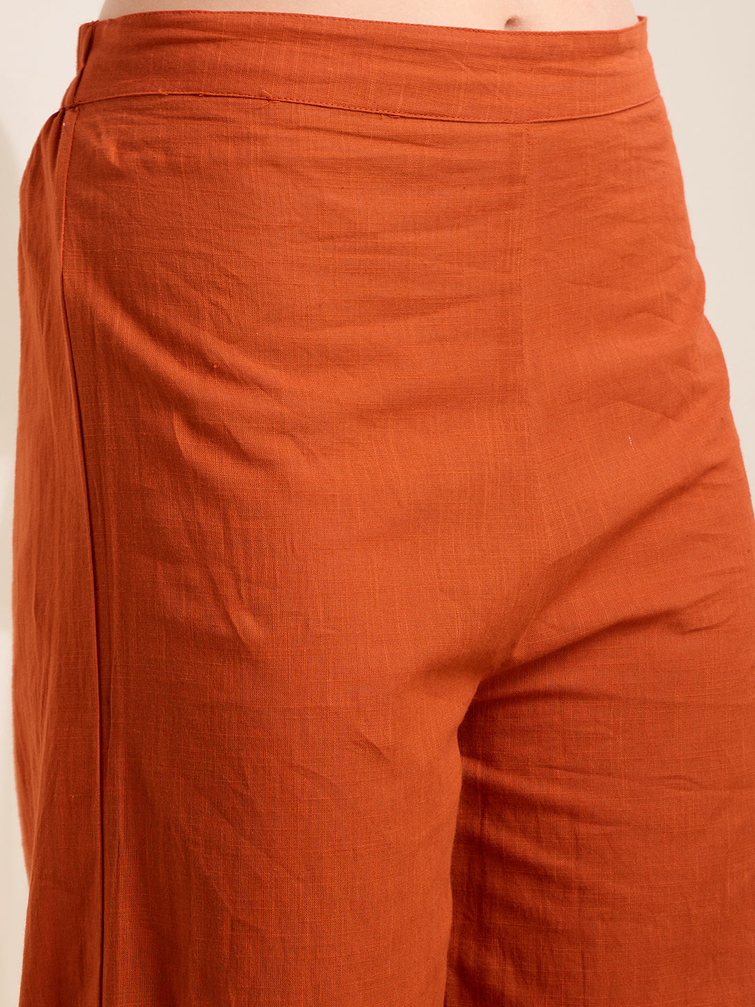 Solid Floral Embroidered A-Line Pleated Kurta with Palazzo & Dupatta - Rust