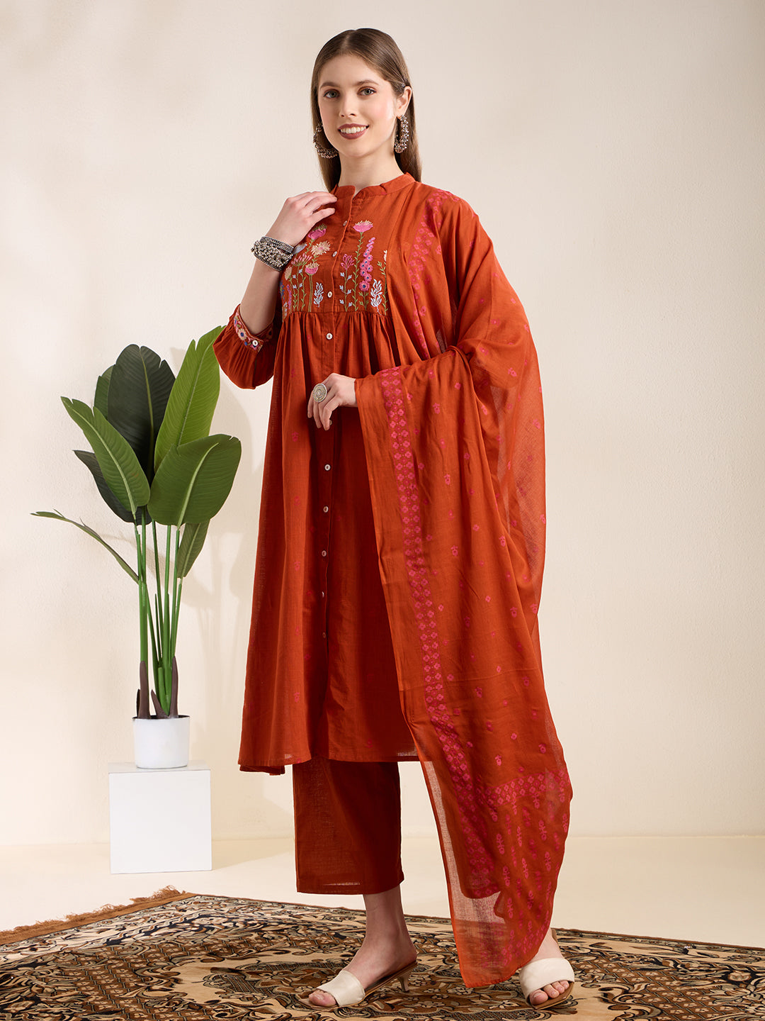 Solid Floral Embroidered A-Line Pleated Kurta with Palazzo & Dupatta - Rust