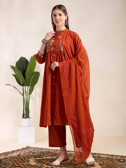 Solid Floral Embroidered A-Line Pleated Kurta with Palazzo & Dupatta - Rust