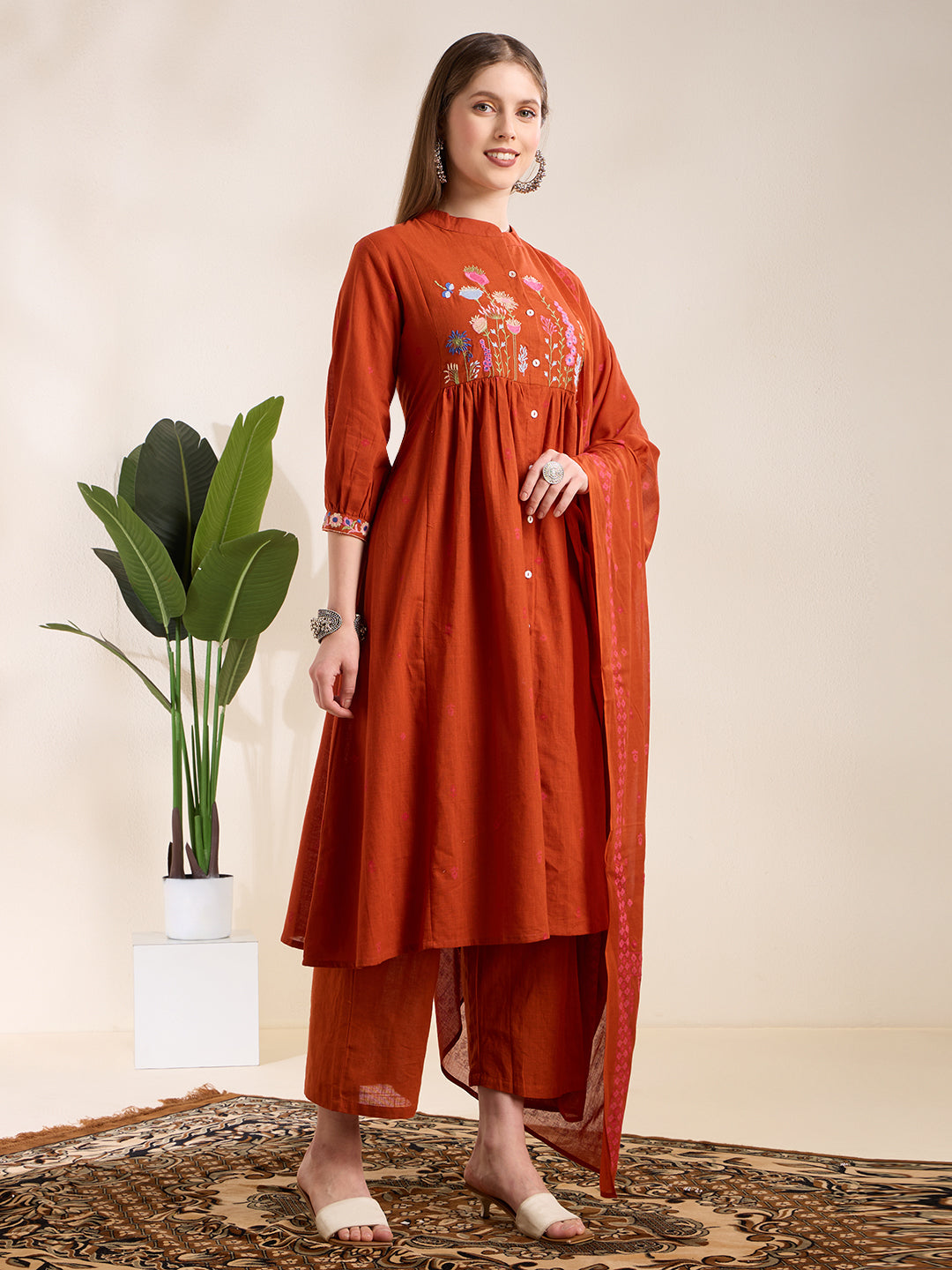 Solid Floral Embroidered A-Line Pleated Kurta with Palazzo & Dupatta - Rust