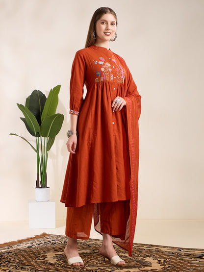 Solid Floral Embroidered A-Line Pleated Kurta with Palazzo & Dupatta - Rust