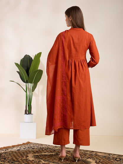 Solid Floral Embroidered A-Line Pleated Kurta with Palazzo & Dupatta - Rust