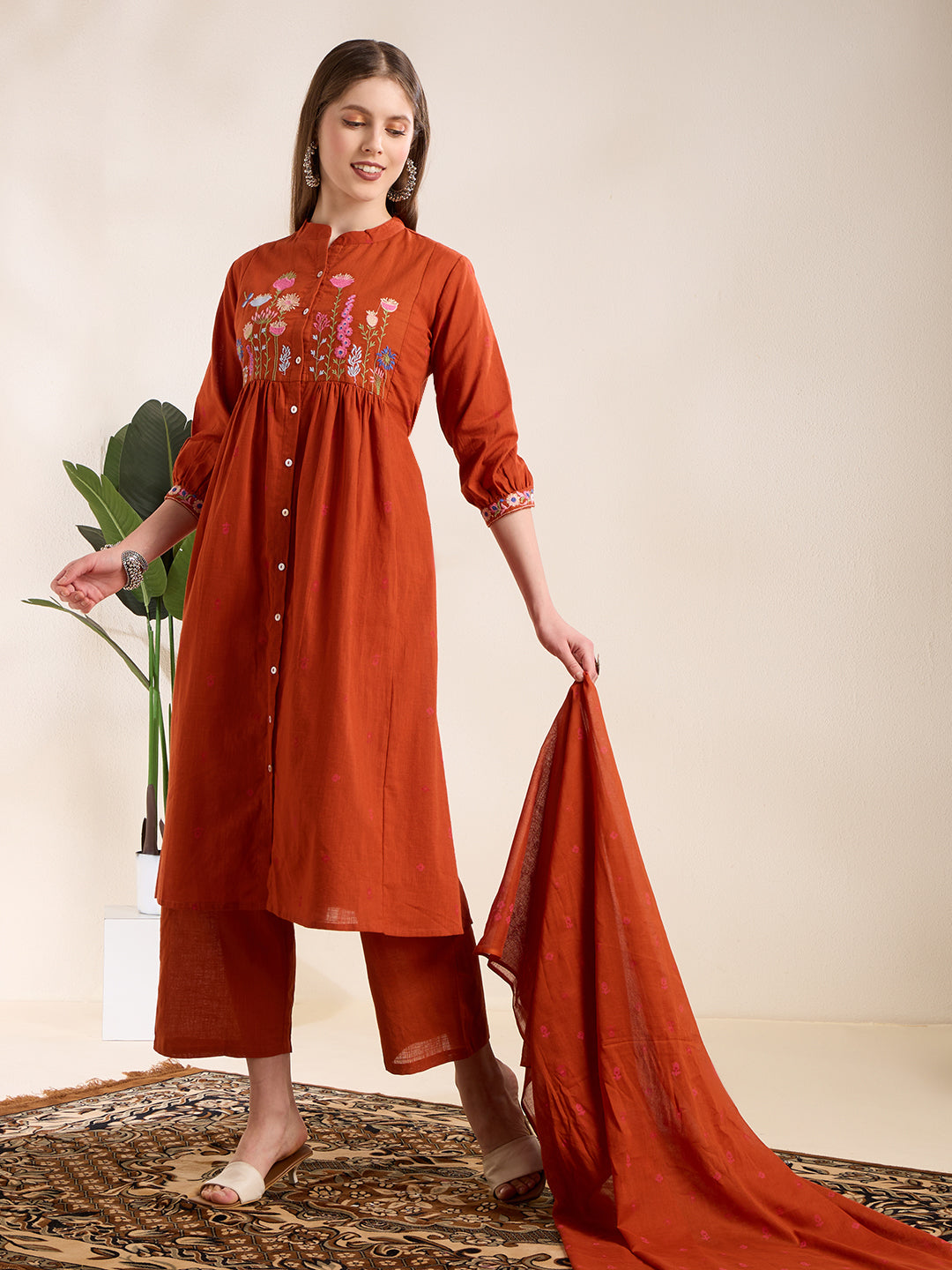 Solid Floral Embroidered A-Line Pleated Kurta with Palazzo & Dupatta - Rust