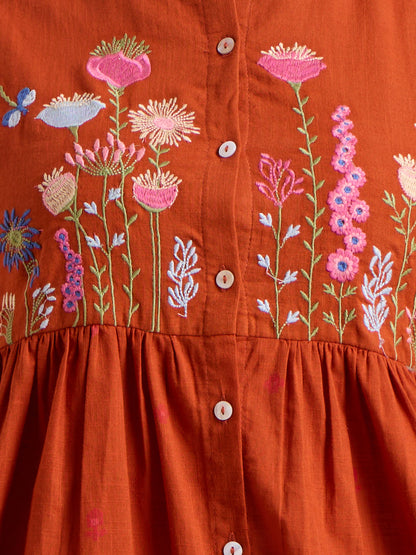 Solid Floral Embroidered A-Line Pleated Kurta with Palazzo & Dupatta - Rust
