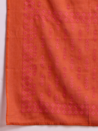 Solid Floral Embroidered A-Line Pleated Kurta with Palazzo & Dupatta - Rust