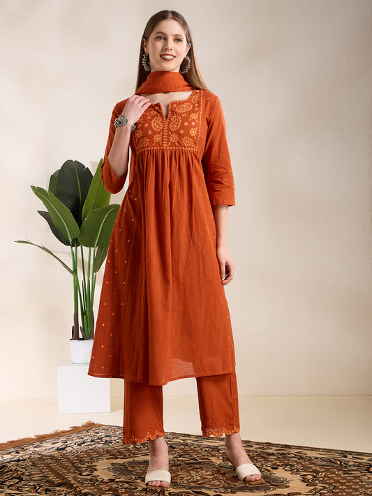 Solid Floral Embroidered A-Line Pleated Kurta with Palazzo & Dupatta - Rust