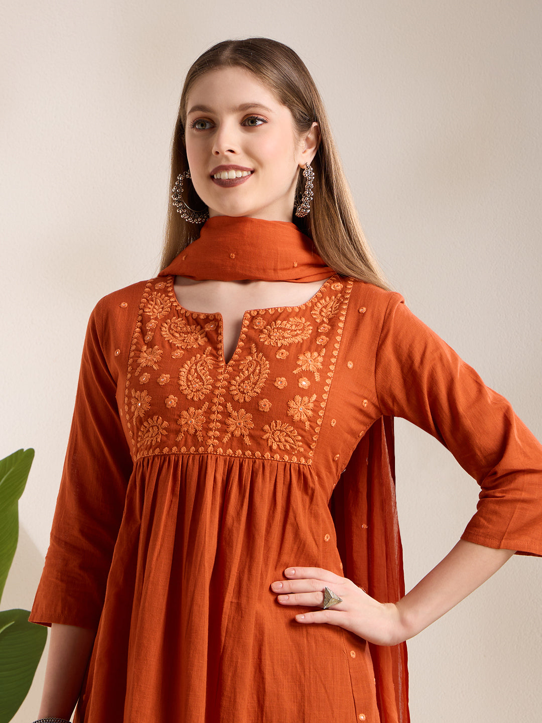 Solid Floral Embroidered A-Line Pleated Kurta with Palazzo & Dupatta - Rust