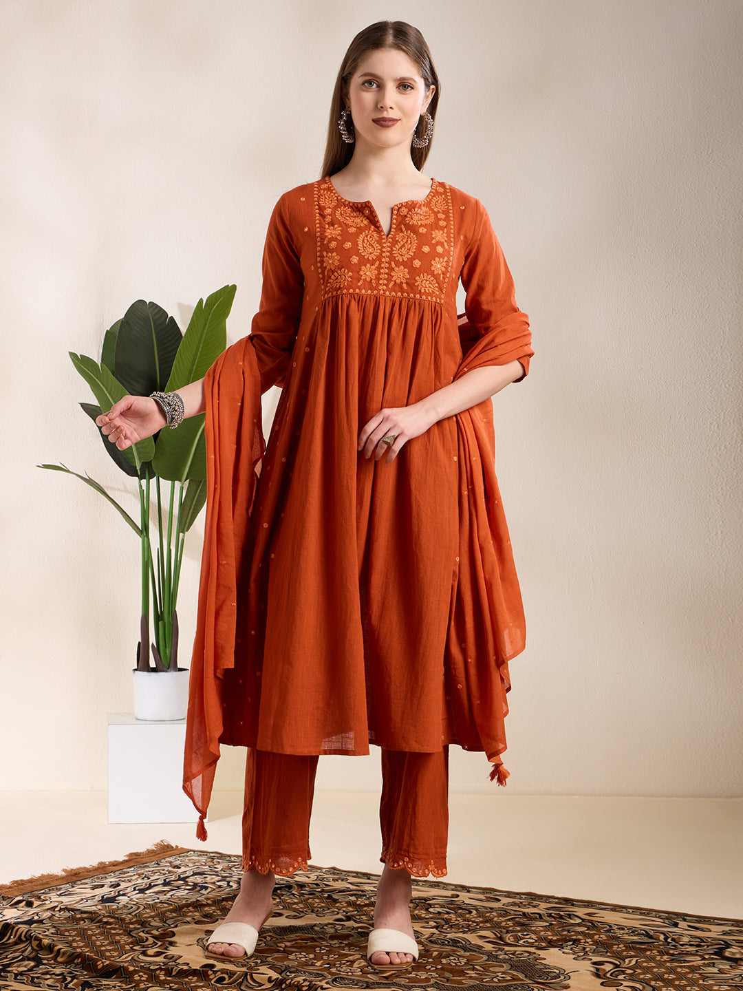 Solid Floral Embroidered A-Line Pleated Kurta with Palazzo & Dupatta - Rust