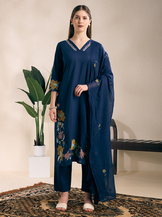 Solid Floral Embroidered Straight Kurta with Pant & Dupatta - Navy Blue