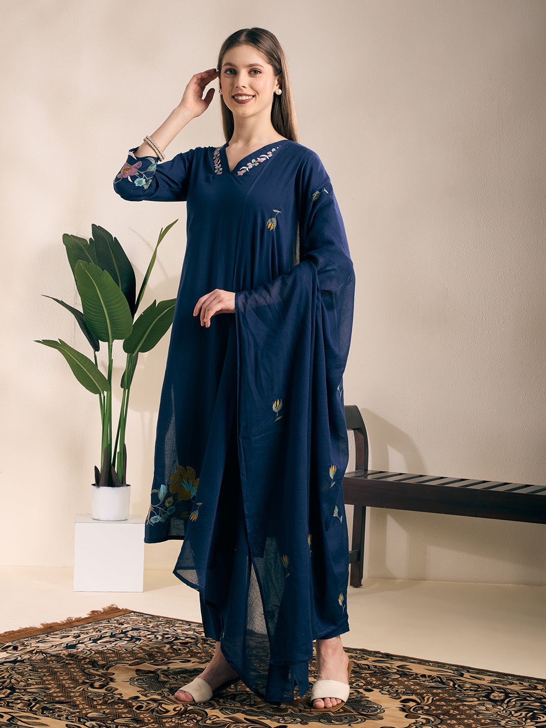 Solid Floral Embroidered Straight Kurta with Pant & Dupatta - Navy Blue
