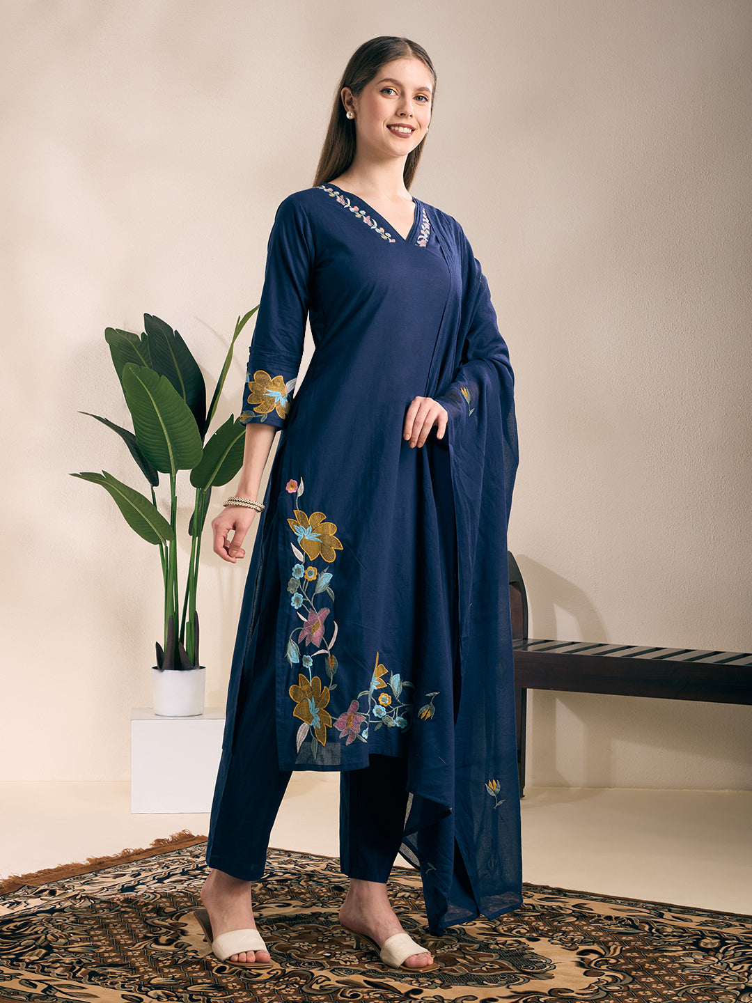 Solid Floral Embroidered Straight Kurta with Pant & Dupatta - Navy Blue