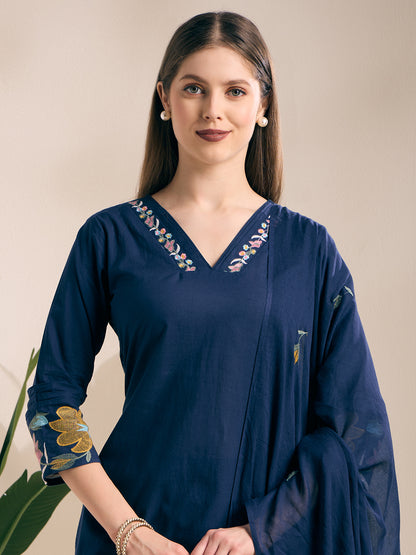Solid Floral Embroidered Straight Kurta with Pant & Dupatta - Navy Blue
