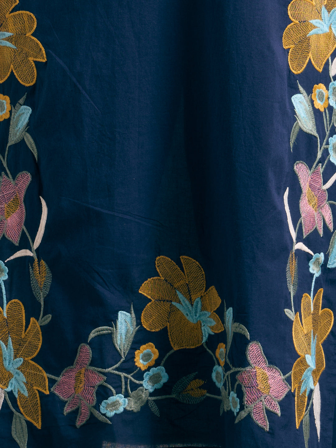 Solid Floral Embroidered Straight Kurta with Pant & Dupatta - Navy Blue