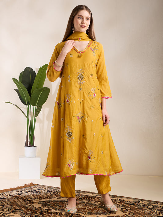Festive Paisley Embroidered A-Line Kurta with Pant & Dupatta - Yellow
