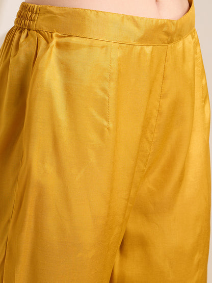 Festive Paisley Embroidered A-Line Kurta with Pant & Dupatta - Yellow