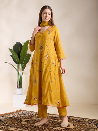 Festive Paisley Embroidered A-Line Kurta with Pant & Dupatta - Yellow